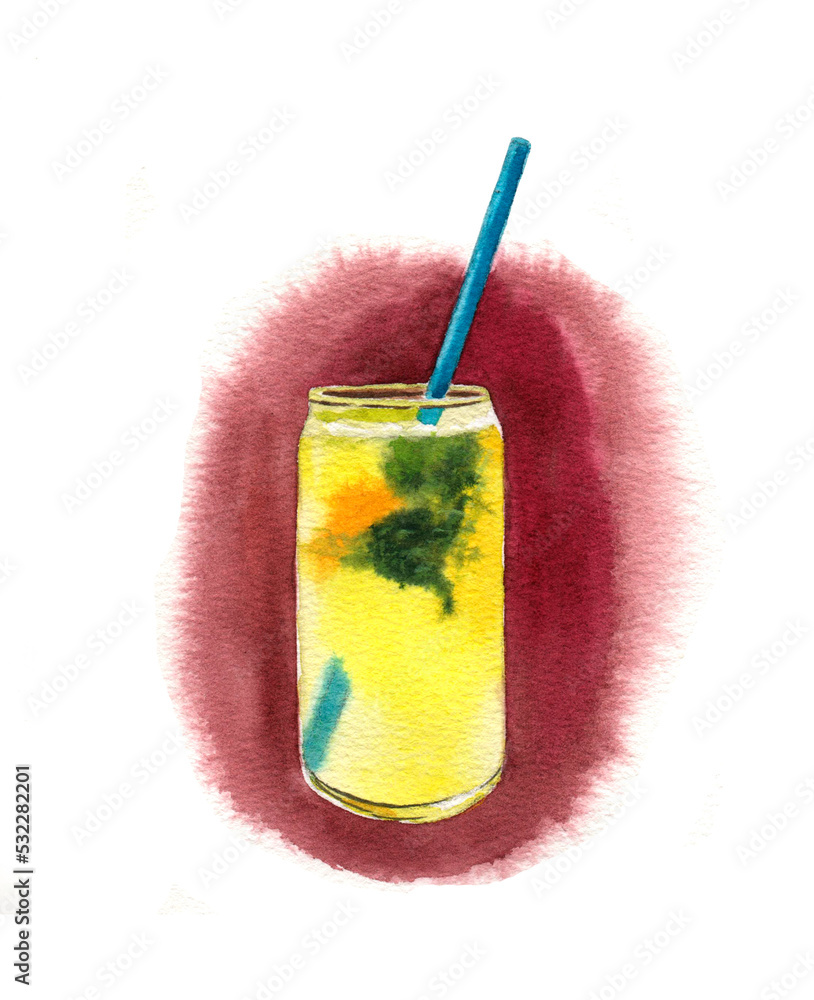 Refreshing yellow cocktail with mint leaves and a straw. Watercolor illustration. Refreshing yellow cocktail with mint leaves and a straw. Watercolor illustration.