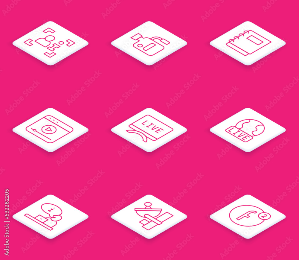 Set line Television report, Cinema camera, Notebook, Live stream, and Radar icon. Vector Set line Television report, Cinema camera, Notebook, Live stream, and Radar icon. Vector