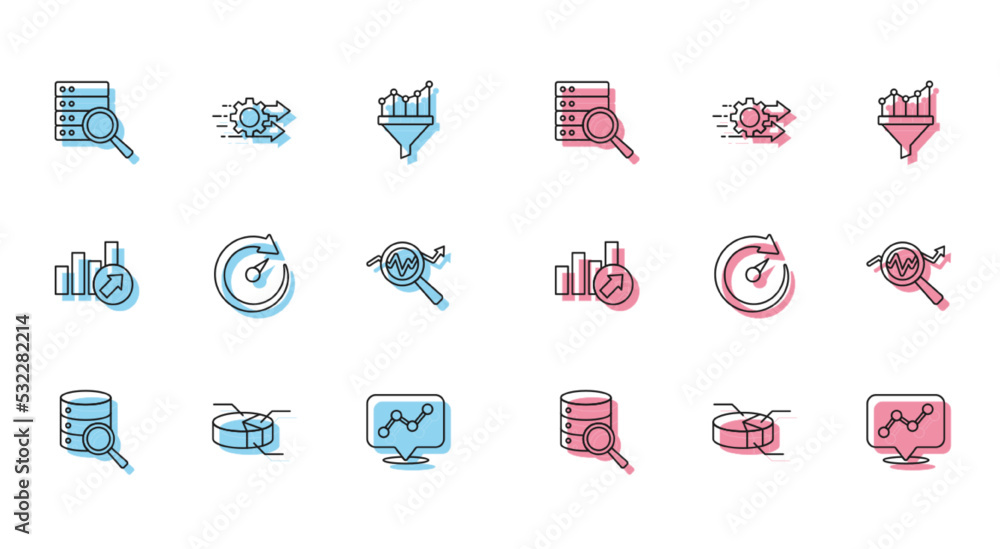 Set line Server, Pie chart infographic, Graph, Digital speed meter, Search data analysis, Financial growth and Time management icon. Vector Set line Server, Pie chart infographic, Graph, Digital speed meter, Search data analysis, Financial growth and Time management icon. Vector