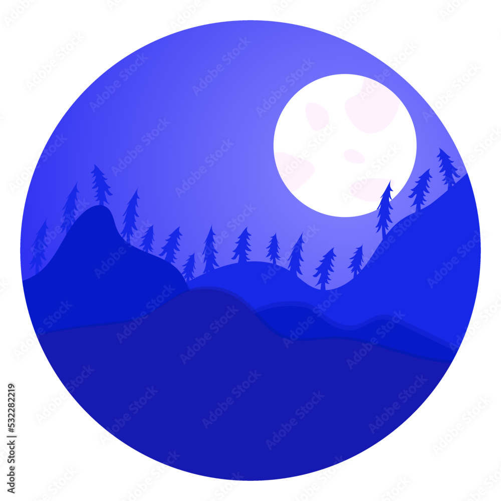 Simple landscape in blue colors. Nature at night. Landscape in a circle.