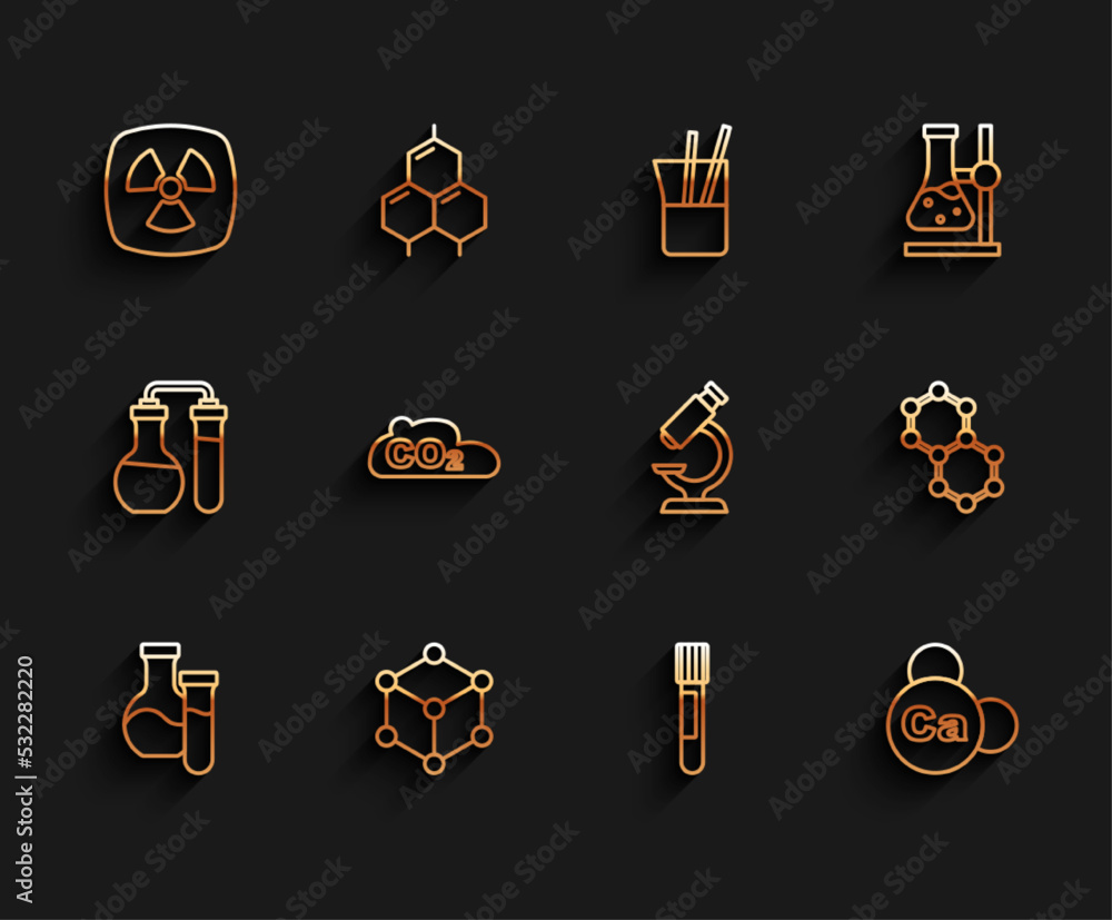 Set line Test tube, Molecule, Radioactive, Mineral Ca Calcium, CO2 emissions cloud, and Microscope icon. Vector Set line Test tube, Molecule, Radioactive, Mineral Ca Calcium, CO2 emissions cloud, and Microscope icon. Vector
