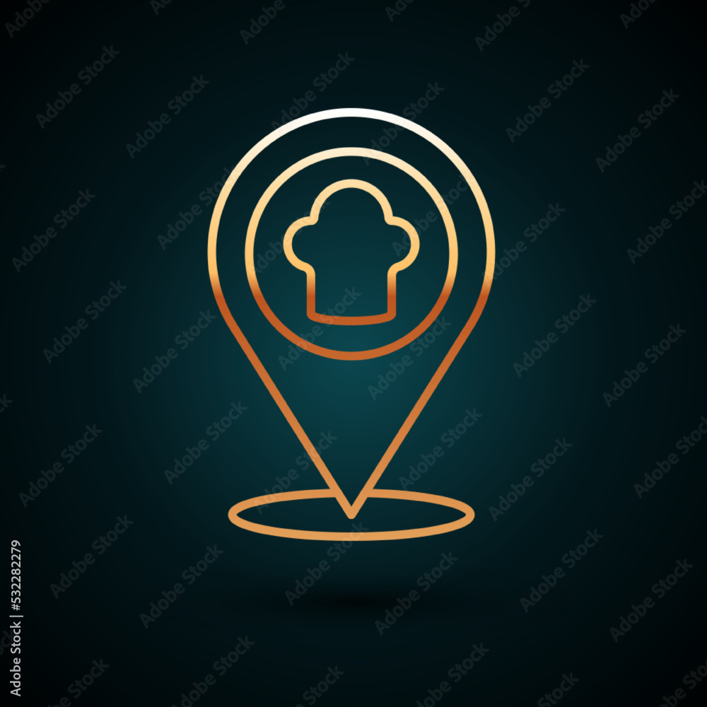 Gold line Chef hat with location icon isolated on dark blue background. Cooking symbol. Cooks hat. Vector Gold line Chef hat with location icon isolated on dark blue background. Cooking symbol. Cooks hat. Vector