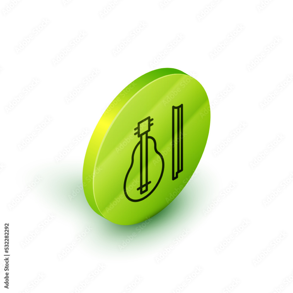 Isometric line Violin icon isolated on white background. Musical instrument. Green circle button. Vector Isometric line Violin icon isolated on white background. Musical instrument. Green circle button. Vector