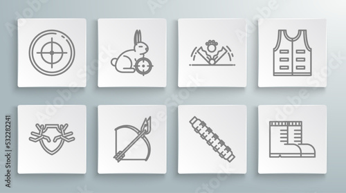 Set line Deer antlers on shield, Bow and fire arrow, Hunting cartridge belt cartridges, Hunter boots, Trap hunting, jacket and Target sport for shooting competition icon. Vector