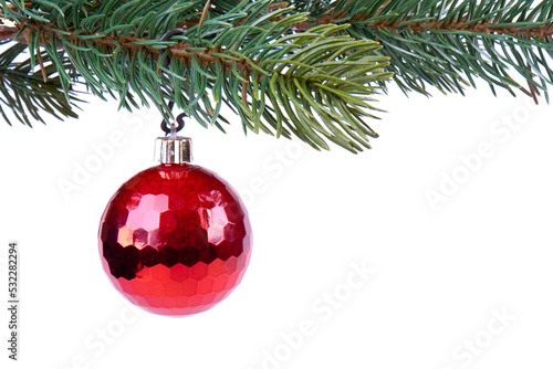 Christmas ball on green spruce branch isolated on transparent background
