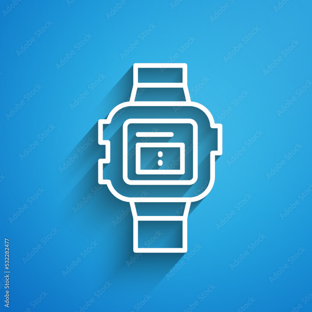 White line Wrist watch icon isolated on blue background. Wristwatch icon. Long shadow. Vector White line Wrist watch icon isolated on blue background. Wristwatch icon. Long shadow. Vector