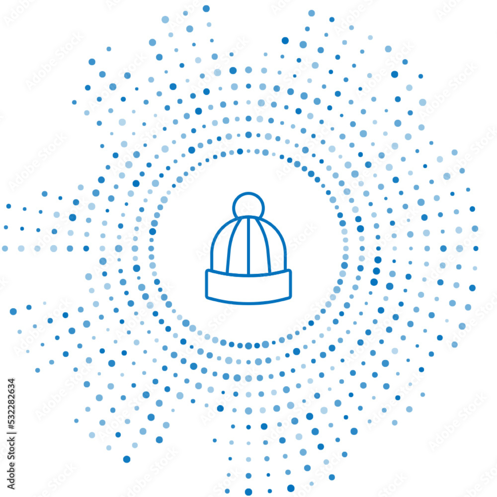 Obraz premium Blue line Winter hat icon isolated on white background. Abstract circle random dots. Vector