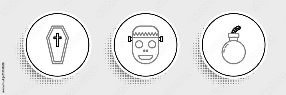 Obraz premium Set line Bomb ready to explode, Coffin with christian cross and Zombie mask icon. Vector