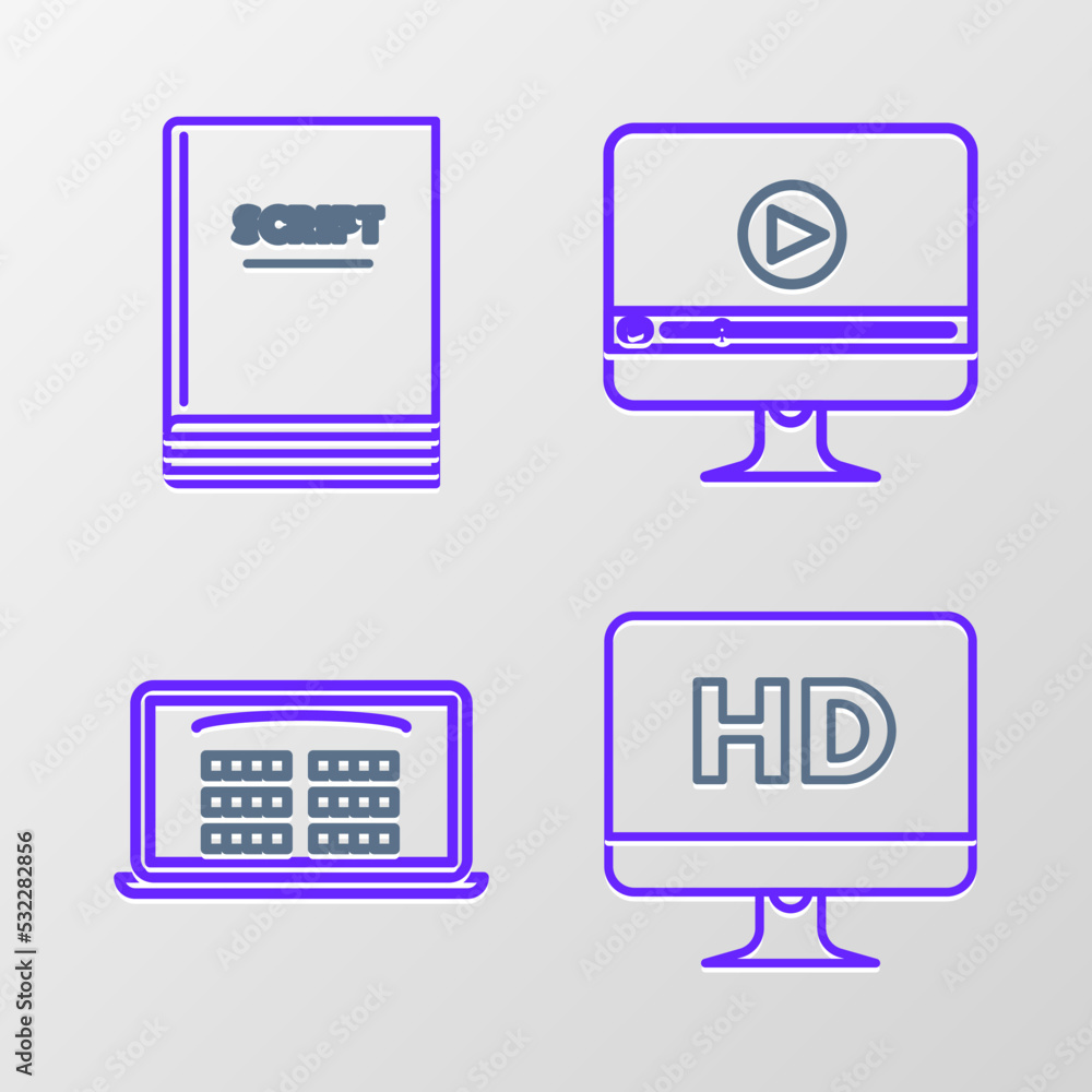 Set line Computer PC monitor with HD video technology, Buy cinema ticket online, Online play and Scenario icon. Vector Set line Computer PC monitor with HD video technology, Buy cinema ticket online, Online play and Scenario icon. Vector