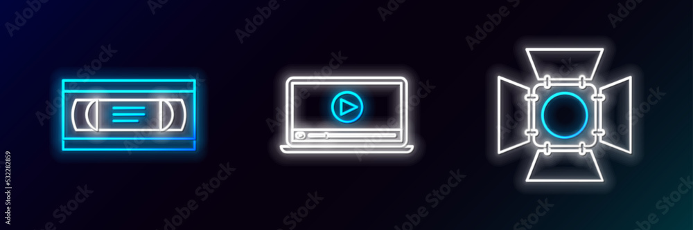 Set line Movie spotlight, VHS video cassette tape and Online play icon. Glowing neon. Vector