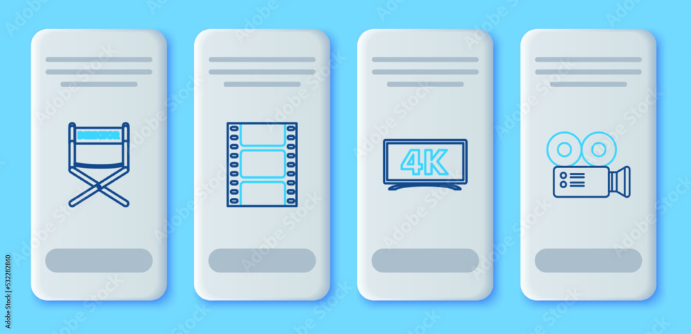 Set line Play Video, Director movie chair and Cinema camera icon. Vector Set line Play Video, Director movie chair and Cinema camera icon. Vector