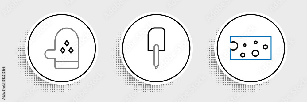 Set line Cheese, Oven glove and Spatula icon. Vector Set line Cheese, Oven glove and Spatula icon. Vector