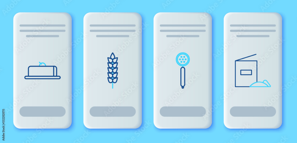Set line Cereals with rice, wheat, corn, oats, rye, Strainer spoon, Strawberry cheesecake slice and Flour pack icon. Vector