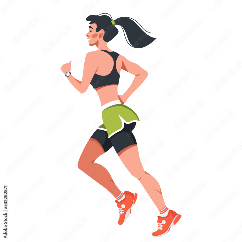 Vector illustration in a flat style with a young woman running a marathon