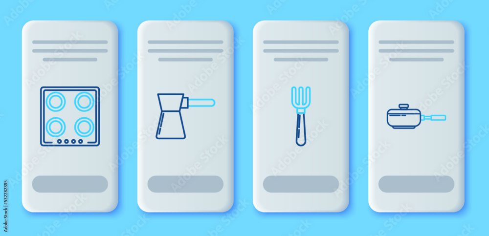 Set line Coffee turk, Fork, Gas stove and Frying pan icon. Vector Set line Coffee turk, Fork, Gas stove and Frying pan icon. Vector
