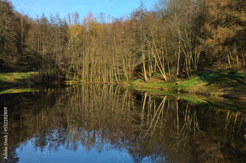 Autumn forest scenery. Reflection of trees on the lake water surface. 