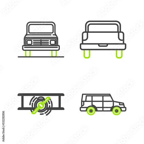 Set line Off road car, Old retro vintage plane, Pickup truck and Car icon. Vector