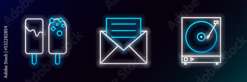 Set line Vinyl player with a vinyl disk, Ice cream and Envelope invitation card icon. Glowing neon. Vector