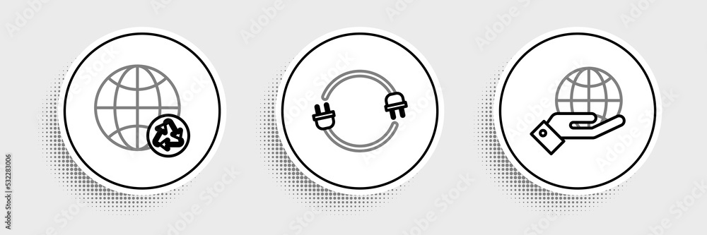 Set line Human hands holding Earth globe, Planet earth recycling and Electric plug icon. Vector Set line Human hands holding Earth globe, Planet earth recycling and Electric plug icon. Vector