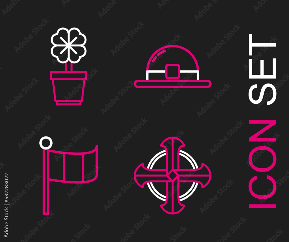 Set line Celtic cross, National Ireland flag, Leprechaun hat and Four leaf clover in pot icon. Vector Set line Celtic cross, National Ireland flag, Leprechaun hat and Four leaf clover in pot icon. Vector