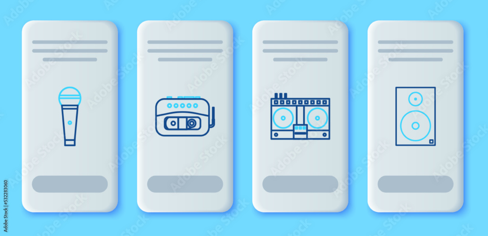 Set line Music tape player, DJ remote for playing and mixing music, Microphone and Stereo speaker icon. Vector