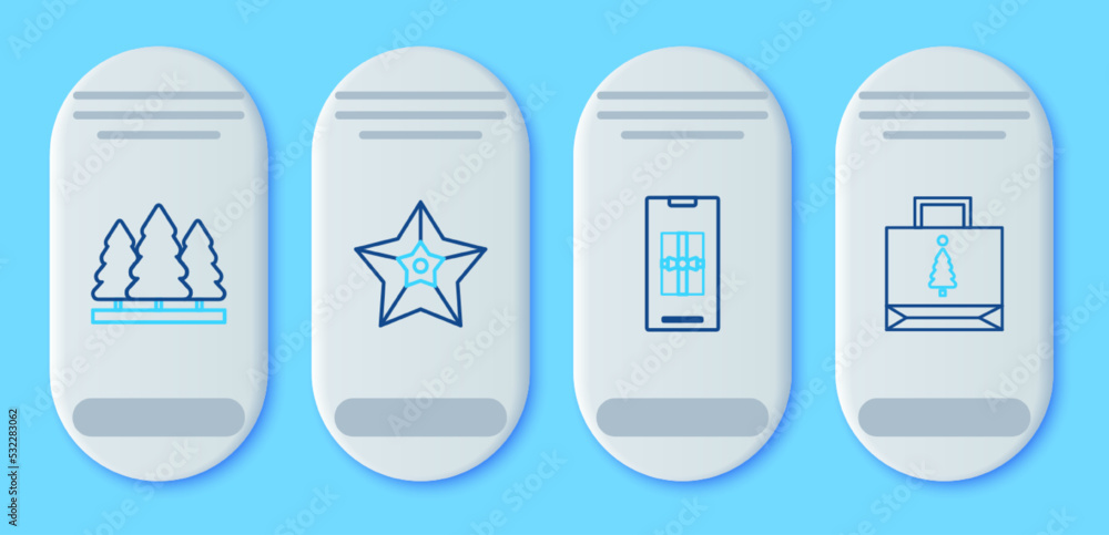 Set line Christmas star, Smartphone with gift box, trees and paper shopping bag icon. Vector Set line Christmas star, Smartphone with gift box, trees and paper shopping bag icon. Vector
