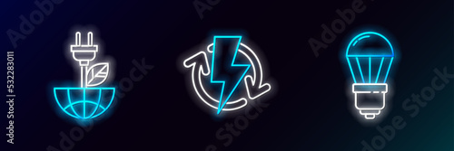 Set line LED light bulb, Electric saving plug in leaf and Recharging icon. Glowing neon. Vector