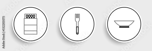 Set line Bowl, Open matchbox and matches and Fork icon. Vector