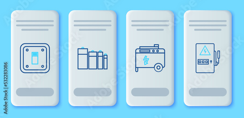 Set line Battery, Portable power electric generator, Electric light switch and Electrical panel icon. Vector