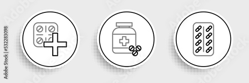 Set line Pills in blister pack, and Medicine bottle and pills icon. Vector © Oksana