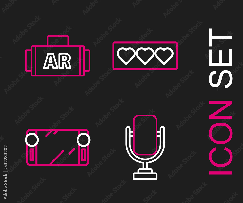 Set line Microphone, Portable video game console, Like and heart and Ar, augmented reality icon. Vector Set line Microphone, Portable video game console, Like and heart and Ar, augmented reality icon. Vector