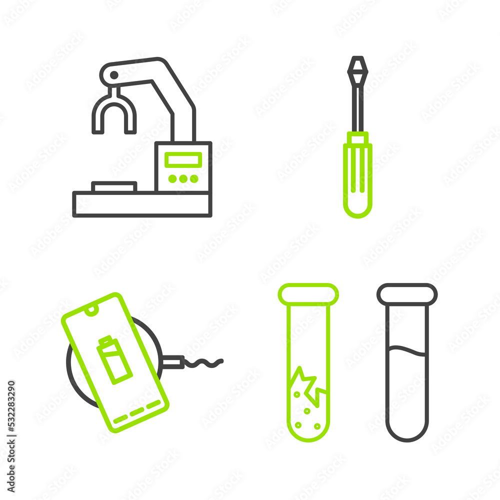Set line Test tube and flask, Wireless charger, Screwdriver and Robotic robot arm hand factory icon. Vector Set line Test tube and flask, Wireless charger, Screwdriver and Robotic robot arm hand factory icon. Vector