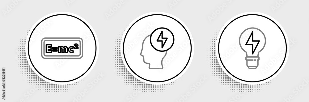 Set line Light bulb with lightning, Equation solution and Head and electric symbol icon. Vector Set line Light bulb with lightning, Equation solution and Head and electric symbol icon. Vector