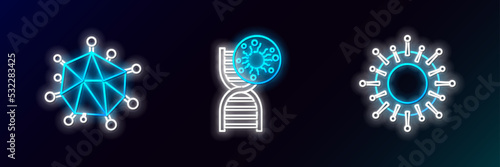 Set line Virus, and DNA symbol and virus icon. Glowing neon. Vector