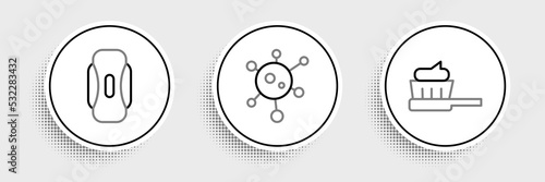 Set line Toothbrush with toothpaste, Sanitary napkin and Virus icon. Vector