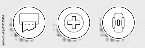 Set line Sanitary napkin, Paper towel dispenser on wall and Cross hospital medical icon. Vector