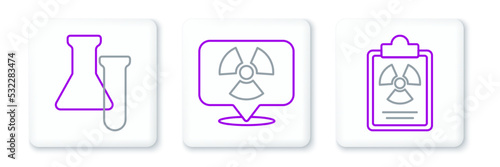 Set line Radiation warning document, Test tube and flask and Radioactive location icon. Vector