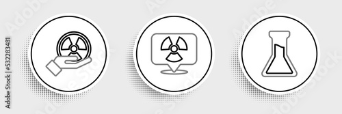 Set line Test tube and flask, Radioactive and in location icon. Vector