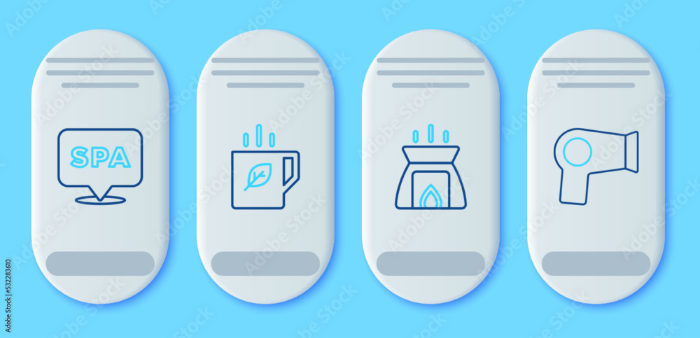 Set line Cup of tea and leaf, Aroma candle, Spa salon and Hair dryer icon. Vector Set line Cup of tea and leaf, Aroma candle, Spa salon and Hair dryer icon. Vector