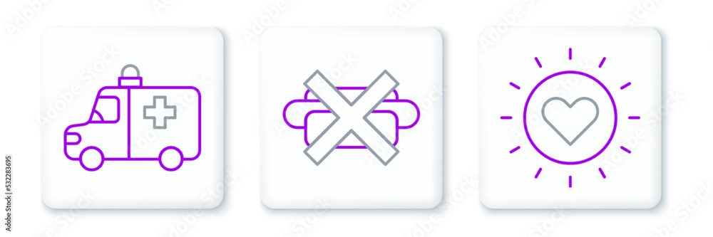 Set line Sun, Ambulance and emergency car and No junk food icon. Vector Set line Sun, Ambulance and emergency car and No junk food icon. Vector