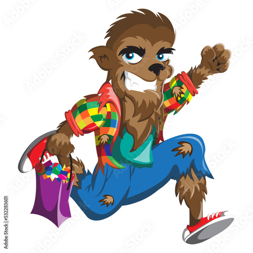 Colorful cartoon werewolf going trick or treating.  Flat Image