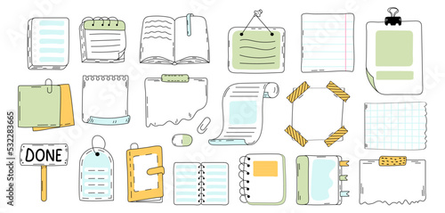 Paper empty sheet in doodle style. Sketch stikers vector illustration for notes. Doodle checklist set.