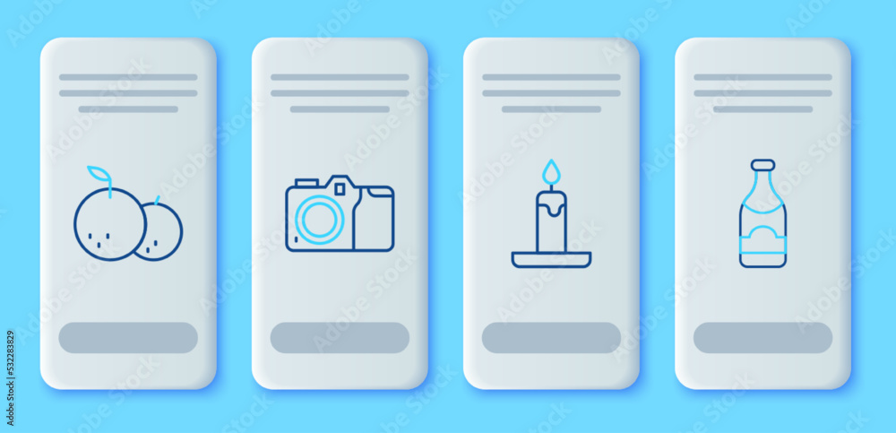 Set line Photo camera, Burning candle, Tangerine and Champagne bottle icon. Vector