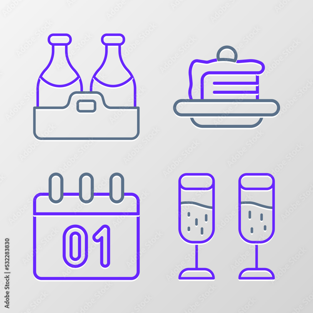 Set line Glass of champagne, Calendar, Cake and Champagne bottle icon. Vector Set line Glass of champagne, Calendar, Cake and Champagne bottle icon. Vector