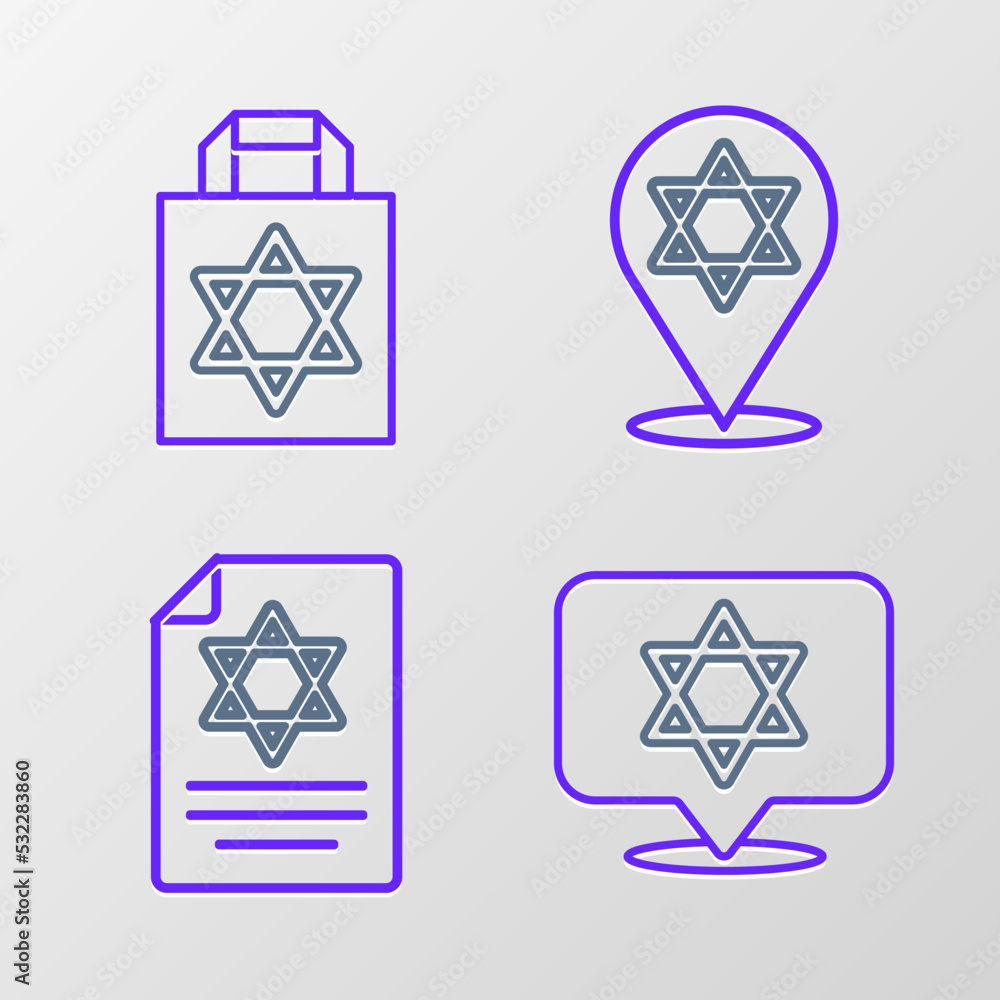 Set line Star of David, Torah scroll, and Shopping bag with star david icon. Vector Set line Star of David, Torah scroll, and Shopping bag with star david icon. Vector