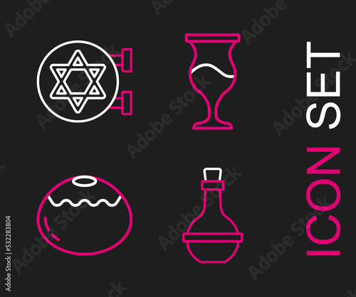 Set line Jewish wine bottle, sweet bakery, goblet and synagogue icon. Vector