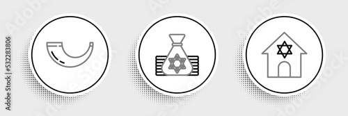 Set line Jewish synagogue, Traditional ram horn, shofar and money bag icon. Vector