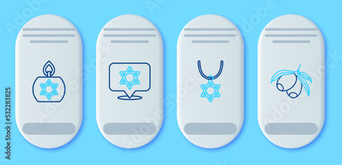 Set line Star of David, necklace on chain, Burning candle and Olives branch icon. Vector