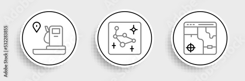 Set line Infographic of city map, Location and gas station and Great Bear constellation icon. Vector