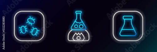 Set line Test tube and flask, Bacteria and on fire icon. Glowing neon. Vector